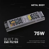 V-TAC IP20 slim fémházas LED tápegység 24V 75W 3.15A - SKU 24237