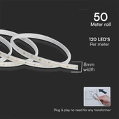 V-TAC AC230V LED szalag IP65 SMD 2835 chip 120 db/m piros színű, 50m/tekercs - SKU 23730