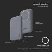 V-TAC 10000mAh powerbank, MagSafe vezeték nélküli töltéssel, szürke - SKU 23040