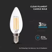 Kép 3/5 - V-TAC 3 lépésben dimmelhető 4W E14 meleg fehér filament C35 LED égő, 100 Lm/W - SKU 6848