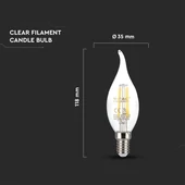 V-TAC 4W E14 hideg fehér filament C35 LED gyertyaláng égő - SKU 214430