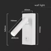 Kép 3/8 - V-TAC beltéri 2W fali lámpa kapcsolóval, fehér, meleg fehér - SKU 10288