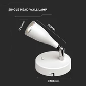 V-TAC egyfejű 4.5W beltéri fehér fali LED lámpa, kapcsolóval, meleg fehér, 90 Lm/W - SKU 218675