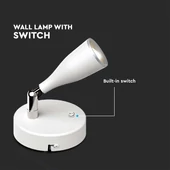 V-TAC egyfejű 4.5W beltéri fehér fali LED lámpa, kapcsolóval, meleg fehér, 90 Lm/W - SKU 218675