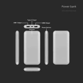 V-TAC ezüst 10000mAh powerbank, 30cm Type-C kábellel - SKU 23035