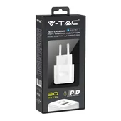 V-TAC fali 30W gyorstöltő, utazó adapter, USB és Type-C csatlakozóval, fehér - 6680