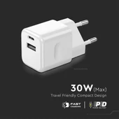 V-TAC fali 30W gyorstöltő, utazó adapter, USB és Type-C csatlakozóval, fehér - 6680