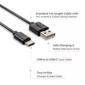 Kép 3/6 - V-TAC fekete, USB - Type-C 1m hálózati kábel - SKU 8483