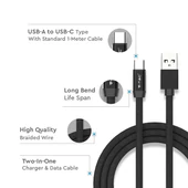 V-TAC fekete, USB - Type-C 1m hálózati kábel - SKU 8498