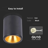 Kép 4/5 - V-TAC GU10 LED falon kívüli henger lámpatest, fekete, vörösarany belsővel - SKU 6691
