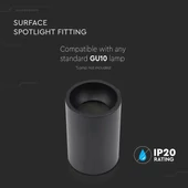 V-TAC GU10 LED falon kívüli lámpatest, fekete, tartozék GU10 foglalattal, 10,7 cm - SKU 8945