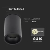 V-TAC GU10 LED falon kívüli lámpatest, fekete, tartozék GU10 foglalattal, 10,7 cm - SKU 8945