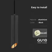Kép 4/6 - V-TAC GU10 LED mennyezetre függeszthető designer lámpatest, fekete, arany belsővel, 20 cm - SKU 6684