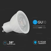 V-TAC GU10 LED spot égő dimmelhető 6.5W hideg fehér 38° - SKU 197