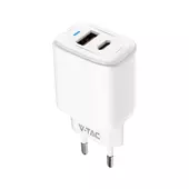 Kép 1/4 - V-TAC hálózati USB 20W töltő, Quickcharge és PowerDelivery, fehér - SKU 23580