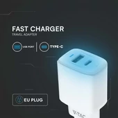 V-TAC hálózati USB 20W töltő, Quickcharge és PowerDelivery, fehér - SKU 23580