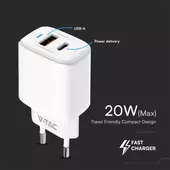 Kép 3/4 - V-TAC hálózati USB 20W töltő, Quickcharge és PowerDelivery, fehér - SKU 23580