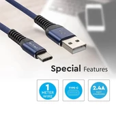 V-TAC kék, USB - Type-C 1m hálózati kábel - SKU 8633