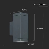 V-TAC kültéri, szögletes, szürke fali lámpa, 2xGU10 foglalattal - SKU 8627