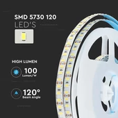 V-TAC LED szalag IP20 SMD 5730 chip 120 db/m meleg fehér, 100LM/W - SKU 212162