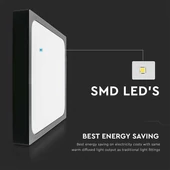 V-TAC mennyezeti négyzet 24W lámpa, IP44, fekete, szenzorral, természetes fehér, 100 Lm/W - SKU 7673