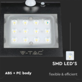 Kép 3/13 - V-TAC napelemes, mozgásérzékelős LED reflektor, fekete, 1.5W természetes fehér - SKU 8277