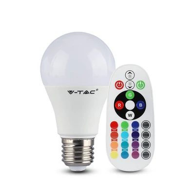 V-TAC 4.8W E27 A60 RGB+meleg fehér dimmelhető LED égő, távirányítóval - SKU 217121