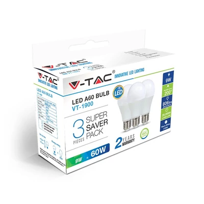 V-TAC 9W E27 hideg fehér LED égő csomag (3 db) - SKU 7242