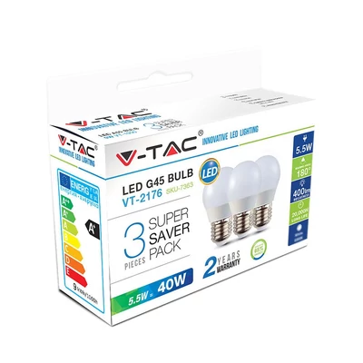 V-TAC 5.5W E27 meleg fehér LED égő csomag (3 db) - SKU 7362