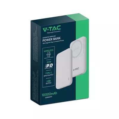 V-TAC 10000mAh powerbank, MagSafe vezeték nélküli töltéssel, fehér - SKU 23039