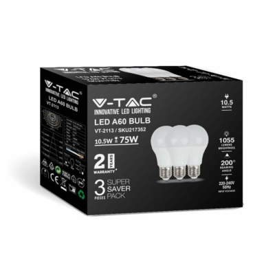 V-TAC 10.5W E27 meleg fehér A60 LED égő csomag (3 db) - SKU 217352