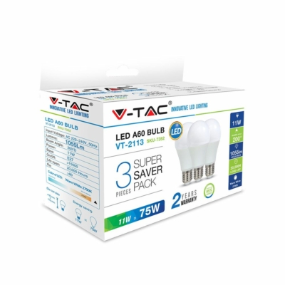 V-TAC 11W E27 hideg fehér LED égő csomag (3 db) - SKU 7354