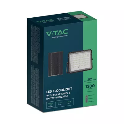 V-TAC 12000mAh napelemes LED reflektor 15W hideg fehér, 1200 Lumen, fekete házzal - SKU 7825