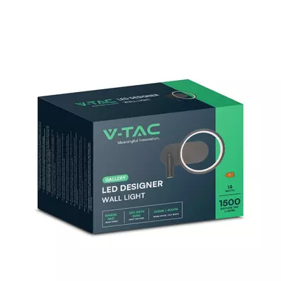 V-TAC 14W Fali designer lámpa, fekete házzal, természetes fehér - SKU 14980