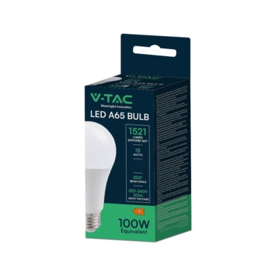 V-TAC 15W E27 A65 természetes fehér LED égő, 100 Lm/W - SKU 214454
