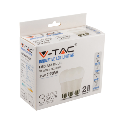 V-TAC 15W E27 hideg fehér LED égő csomag (3 db) - SKU 2818