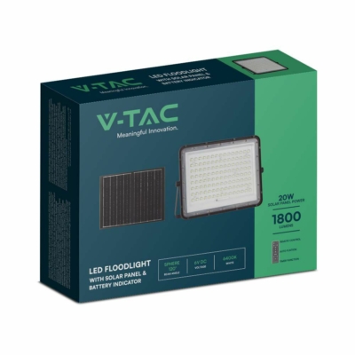 V-TAC 16000mAh napelemes LED reflektor 20W hideg fehér, 1800 Lumen, fekete házzal - SKU 7827