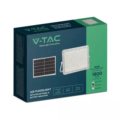 V-TAC 16000mAh napelemes LED reflektor 20W természetes fehér, 1800 Lumen, fehér házzal - SKU 7846