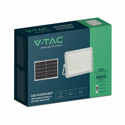 V-TAC 16000mAh napelemes LED reflektor 20W természetes fehér, 1800 Lumen, fehér házzal - SKU 7846