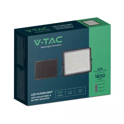 V-TAC 16000mAh napelemes LED reflektor 20W természetes fehér, 1800 Lumen, fekete házzal - SKU 7828