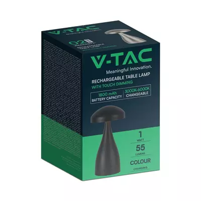 V-TAC 1W fekete, érintéssel vezérelhető akkumulátoros LED gomba alakú lámpa, CCT - SKU 7895