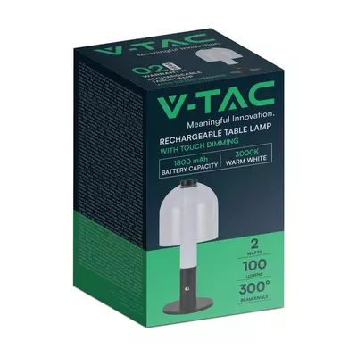 V-TAC 2W fekete, érintéssel vezérelhető akkumulátoros üveg LED lámpa, meleg fehér - SKU 7988