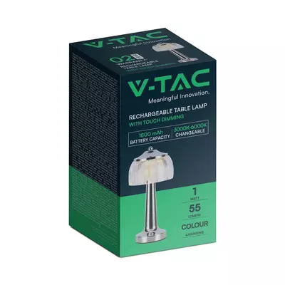 V-TAC 1W króm színű asztali akkumulátoros LED lámpa akril búrával, CCT - SKU 7939