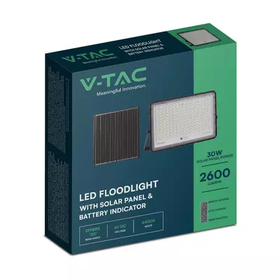 V-TAC 20000mAh napelemes LED reflektor 30W hideg fehér, 2600 Lumen, fekete házzal - SKU 7829