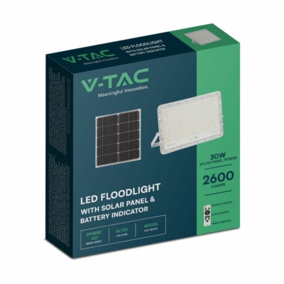V-TAC 20000mAh napelemes LED reflektor 30W természetes fehér, 2600 Lumen, fehér házzal - SKU 7848