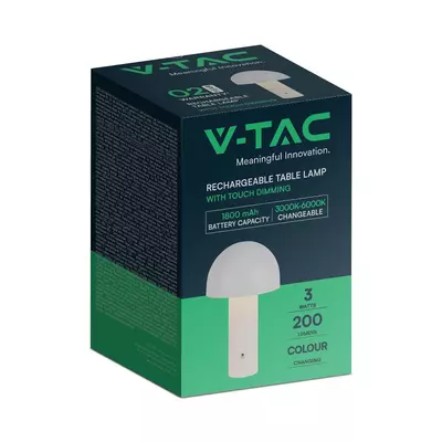V-TAC 3W fehér asztali akkus lámpa, érintéssel vezérelhető akkumulátoros LED lámpa - SKU 7899