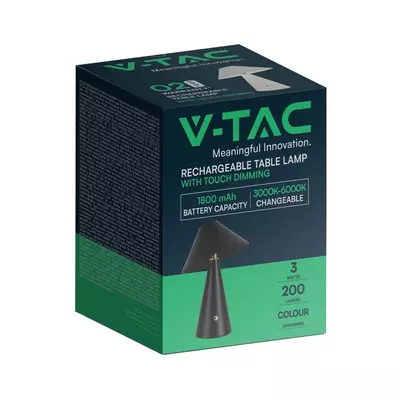 V-TAC 3W fekete fém, érintéssel vezérelhető akkumulátoros LED lámpa, CCT - SKU 7947
