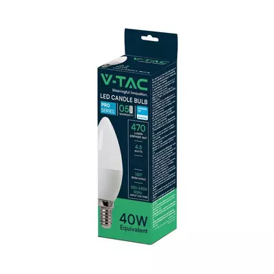 V-TAC 4.5W E14 meleg fehér C37 LED gyertya égő - SKU 21171