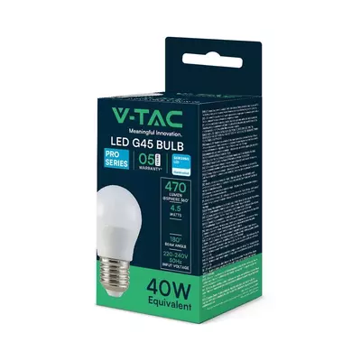 V-TAC 4.5W E27 hideg fehér G45 LED égő, 100 Lm/W - SKU 21176