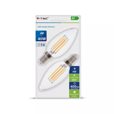 V-TAC 4W E14 meleg fehér filament LED gyertya égő csomag (2 db) - SKU 7365